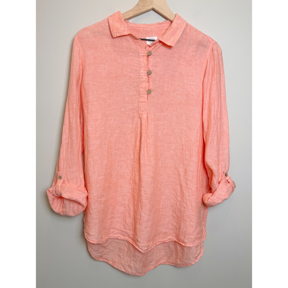 Sigrid Olsen L 100% Linen Coral Popover Collared Roll Tab Buttoned Henley Shirtโ